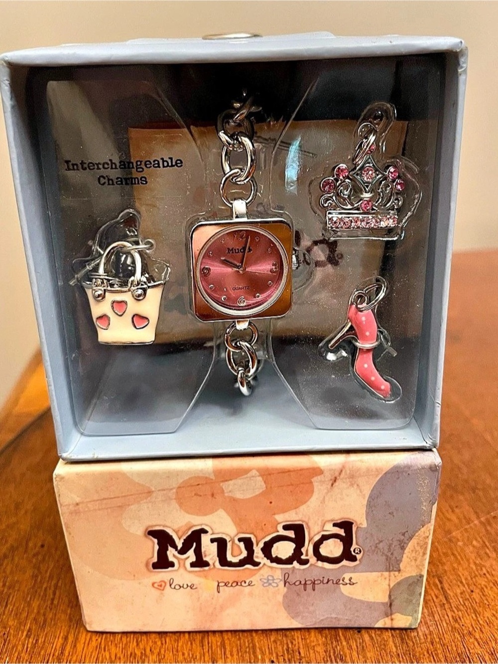 Mudd Interchangeable Charms Watch Set Pink & Silver